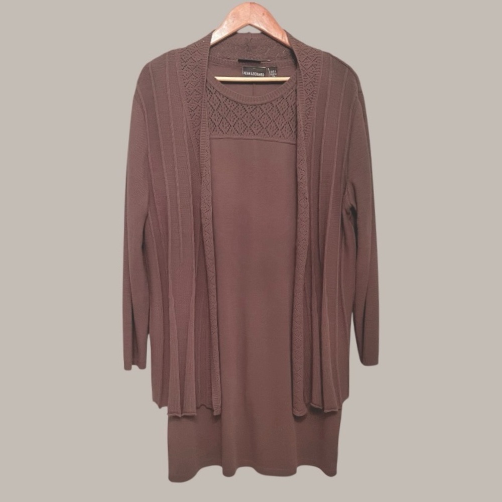 Nina Leonard 2-Piece Knit Set Midi Dress & Cardigan XL Scoop Neck Brown